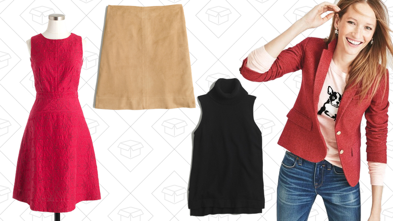 Jacquard Eyelet Dress, $49 | Faux-Suede Seamed Skirt, $40 | Sleeveless Turtleneck Sweater, $33 | Patterned Schoolboy Blazer, $84